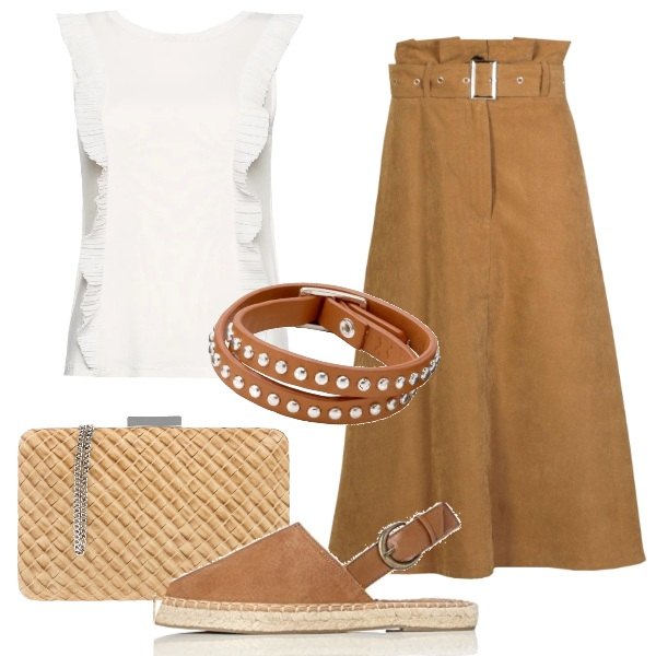 Outfit donna - Prime Day Outfit.... Stile Basic per Tutti i giorni. Abbinamento con borsa a mano mini a scatto interno foderato tinta unita, gonna midi con cintura, blusa con volant plissè con scollo senza maniche avorio, espadrillas con cinturino e punta tonda marrone, bracciale in ottone marrone.