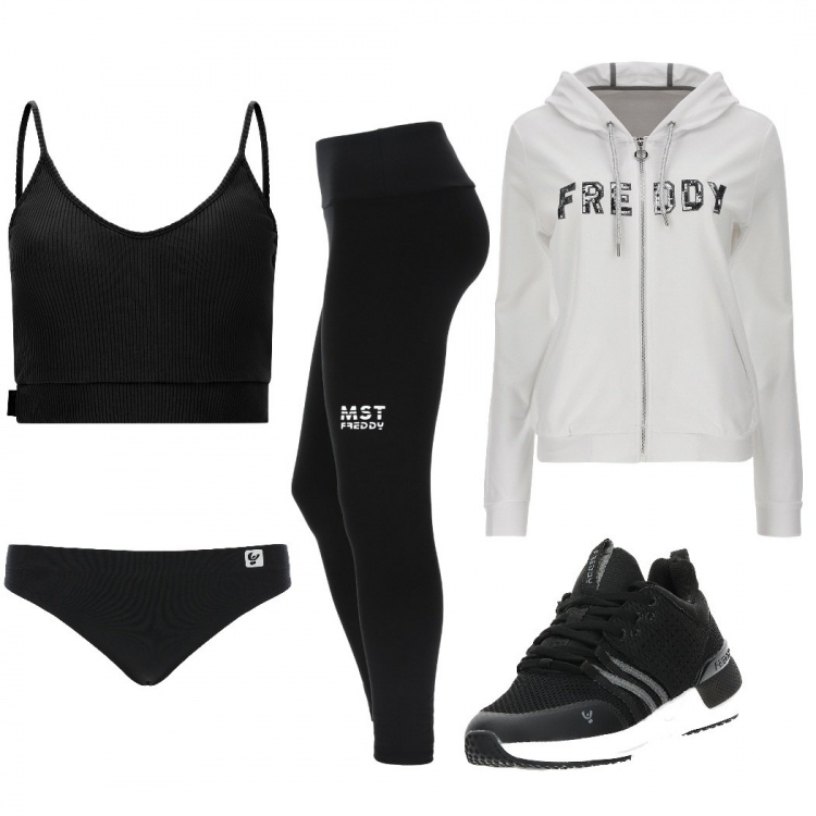 Outfit donna - Una corsa per scaricare. Stile Casual per Sport. Abbinamento con slip, leggings, scarpe sportive, felpe con cappuccio, top.