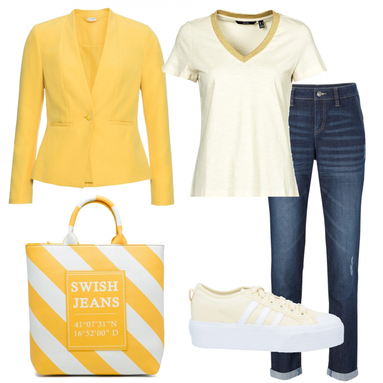 Outfit donna - Yellow. Stile Urban per Tutti i giorni. Abbinamento con blazer, jeans boyfriend, sneakers, camicie, shopping bag.