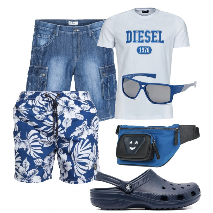 Outfit uomo - Sabato in spiaggia. Stile Trendy per Mare. Abbinamento con bermuda, costumi, borse sportive, t-shirt, sandali, occhiali da sole.