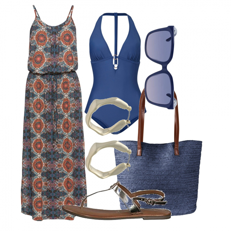 Outfit donna - Lady in blue. Stile Casual chic per Mare. Abbinamento con vestiti lunghi, costumi interi, shopping bag, orecchini, sandali col tacco, occhiali da sole.