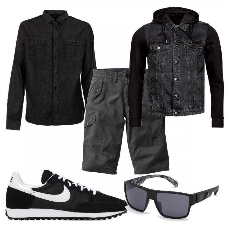 Outfit uomo - Colori scuri trendy. Stile Trendy per Tutti i giorni. Abbinamento con bermuda, occhiali da sole, giacche, camicie, sneakers.