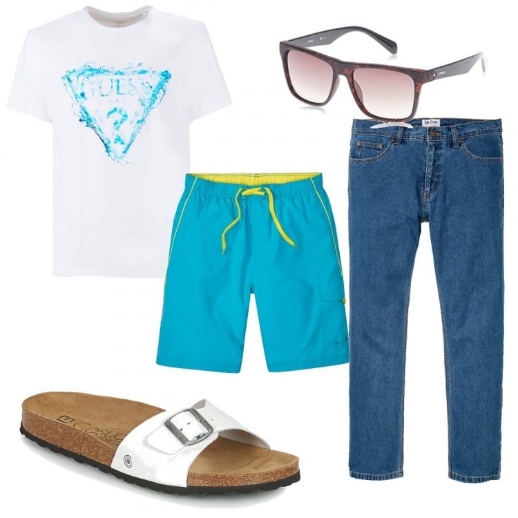 Outfit uomo - Il costume azzurro. Stile Trendy per Mare. Abbinamento con jeans dritti, costumi, t-shirt, sandali, occhiali da sole.
