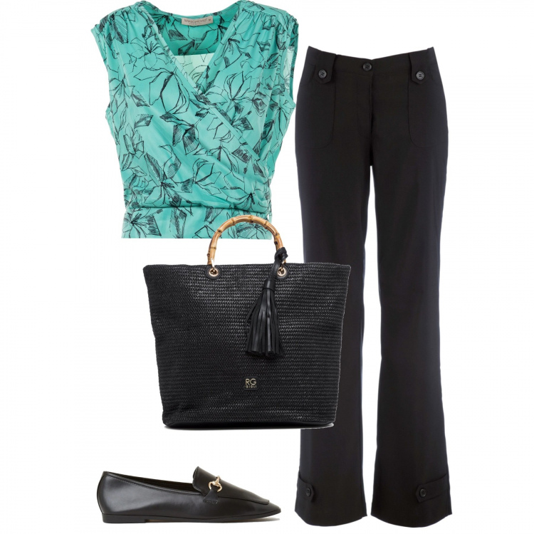 Outfit donna - Verde acqua e nero. Stile Casual chic per Tutti i giorni. Abbinamento con pantaloni, bluse, mocassini, borse a mano.