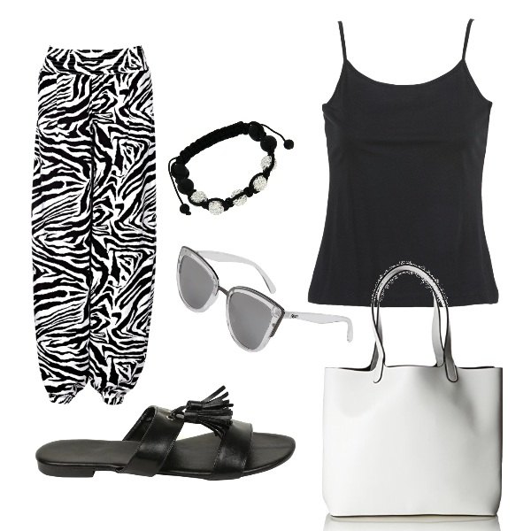 Outfit donna - Etnico #2656. Stile Etnico per Tutti i giorni. Abbinamento con pantaloni a palazzo, top nero, occhiali da sole, sabot in pelle sintetica con nappine, shopping bag, braccialetto.