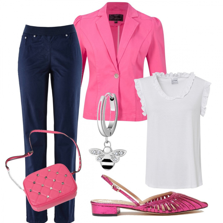 Outfit donna - Total look #1335130. Stile Casual chic per Ufficio. Abbinamento con pantaloni sportivi, top, blazer, sandali, borse a tracolla, orecchini.