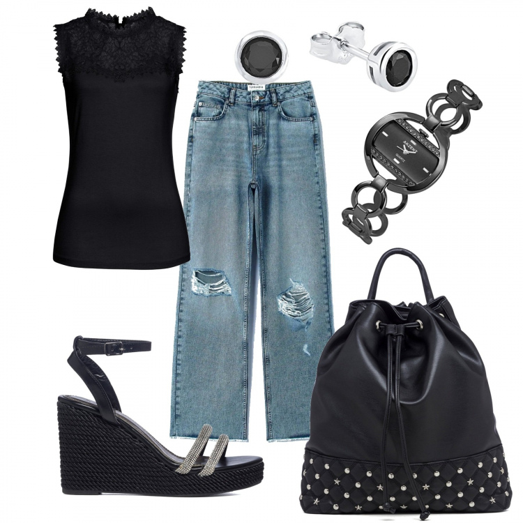 Outfit donna - Borchie, zeppe e.... Stile Urban per Scuola/Università. Abbinamento con top, jeans dritti, zaini, sandali gioiello, orologi, orecchini.