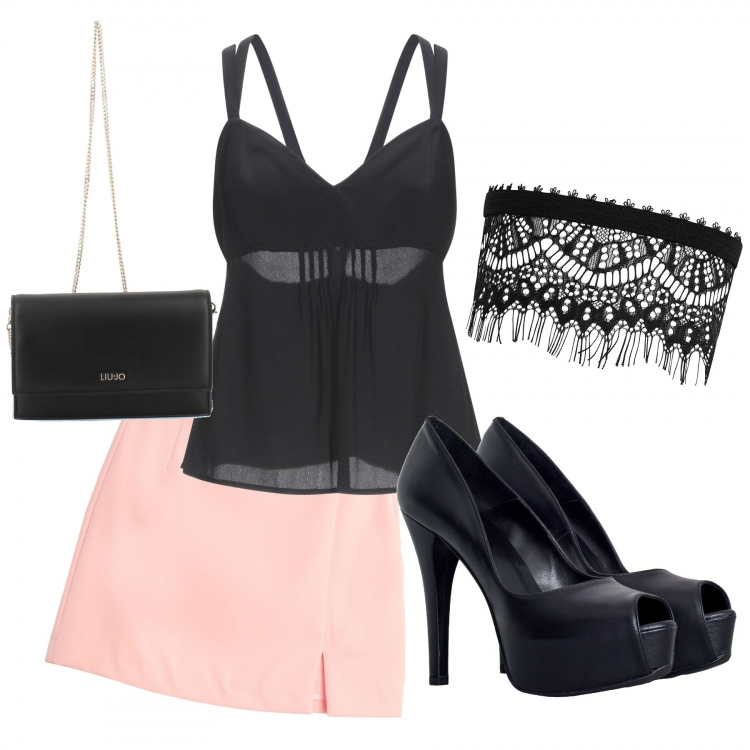 Outfit donna - Il rosa mi stuzzica. Stile Sexy per Serata fuori. Abbinamento con top, minigonne, collane, décolleté, clutch.