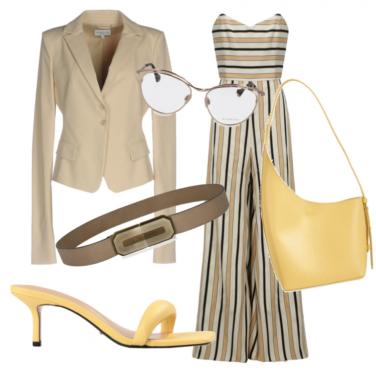 Outfit donna - Cocktail estivo. Stile Bon Ton per Cerimonia. Abbinamento con blazer, sandali in pelle, salopette, occhiali, cinture, borse a spalla.