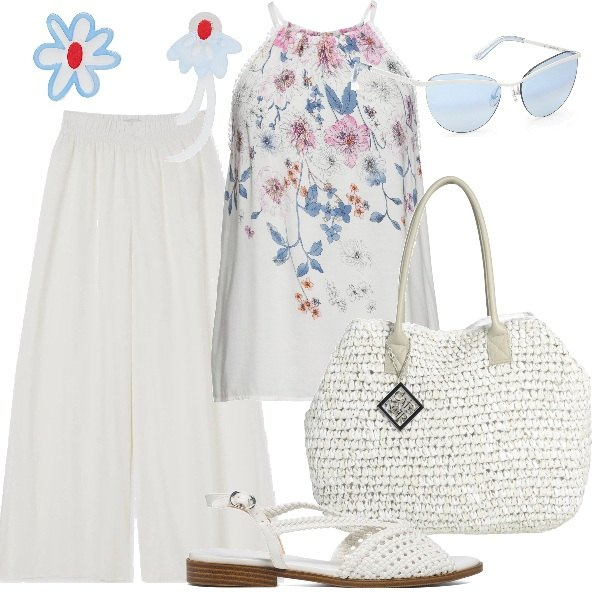 Outfit donna - Fiorellini bon ton. Stile Bon Ton per Tutti i giorni. Abbinamento con top, borse a mano, orecchini, occhiali da sole, pantaloni a palazzo, sandali in pelle.