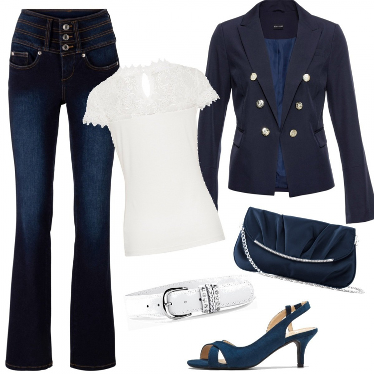 Outfit donna - Discreta eleganza. Stile Bon Ton per Serata fuori. Abbinamento con jeans bootcut, pochette, cinture, maglieria, blazer, sandali in pelle.