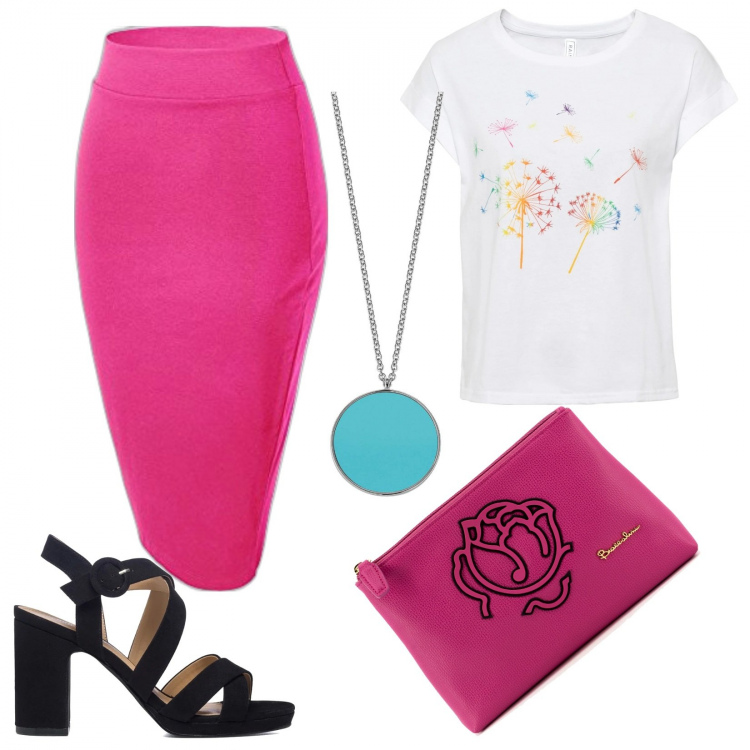 Outfit donna - Summer vibes pittarosso. Stile Urban per Tutti i giorni. Abbinamento con t-shirt, ciondoli, pochette, sandali col tacco, gonne longuette.