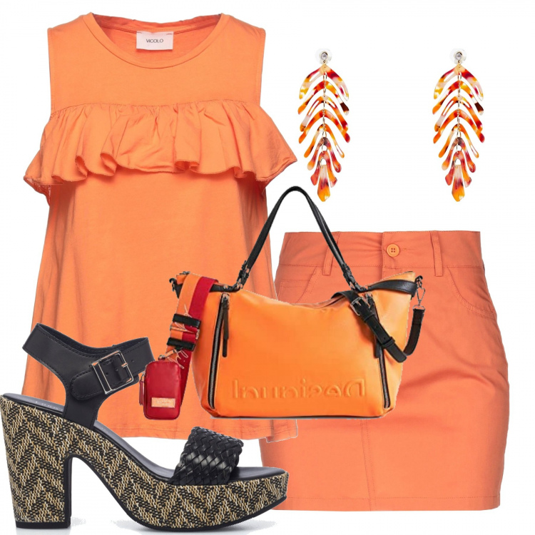Outfit donna - Il colore dell\'"estate. Stile Basic per Tutti i giorni. Abbinamento con top, minigonne, orecchini, sandali col tacco, borse a mano.