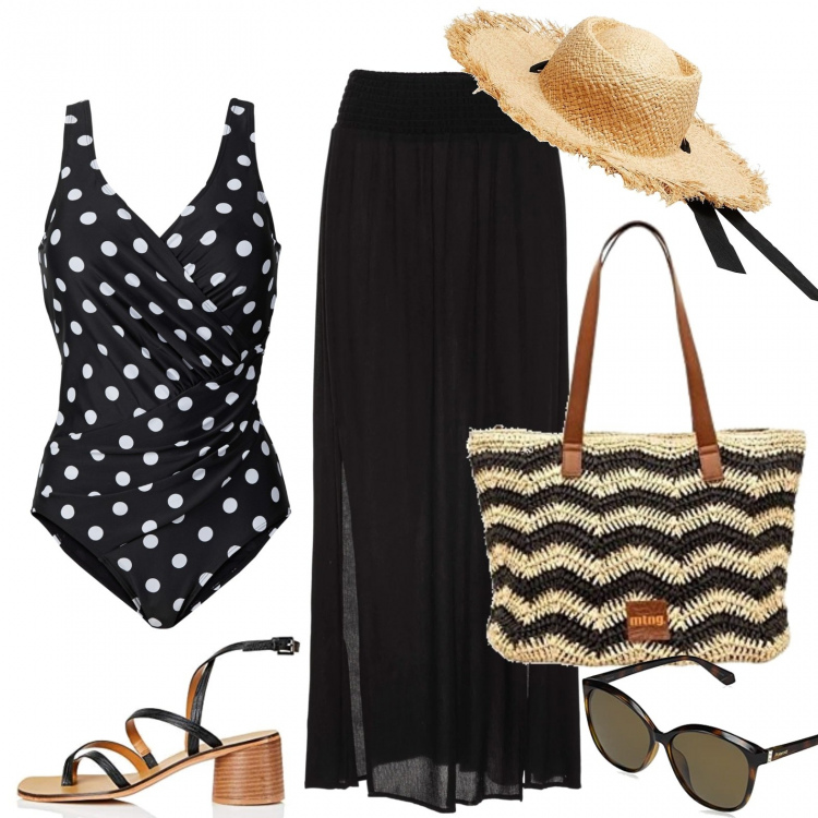 Outfit donna - Estate curvy. Stile Casual chic per Mare. Abbinamento con gonne lunghe, costumi interi, cappelli, occhiali da sole, borse a spalla, sandali col tacco.