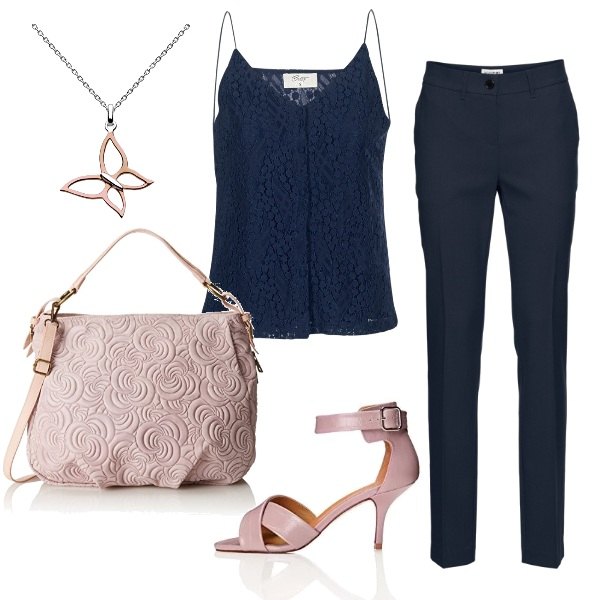 Outfit donna - Blu e rosa cipria. Stile Chic per Ufficio. Abbinamento con pantaloni, camicetta blu, borsa a mano rosa, sandali con tacco spillo e cinturino rosa, collana in argento 925.