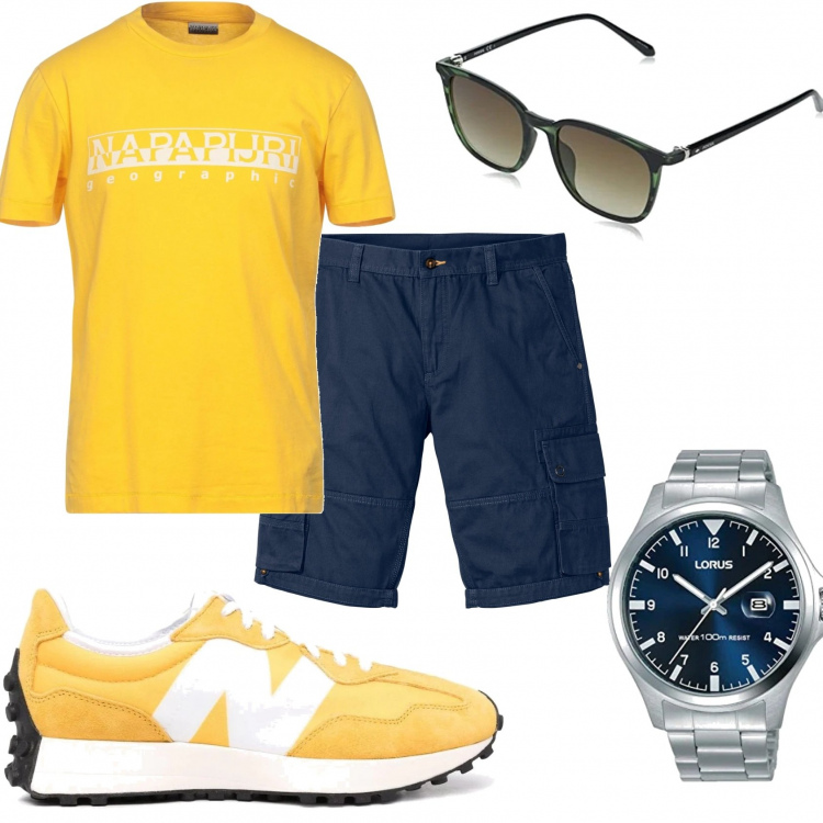 Outfit uomo - Bermuda blu maglia giallo. Stile Casual per Tutti i giorni. Abbinamento con bermuda, t-shirt, sneakers, occhiali da sole, orologi analogici.