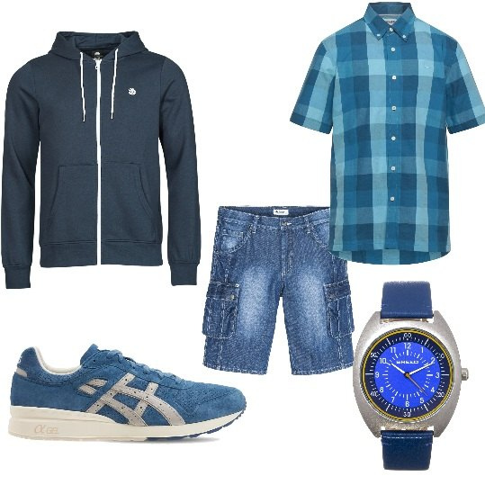 Outfit uomo - Bermuda camicia quadri blu azzurro. Stile Casual per Tutti i giorni. Abbinamento con bermuda, orologi, camicie a manica corta, felpe, sneakers.