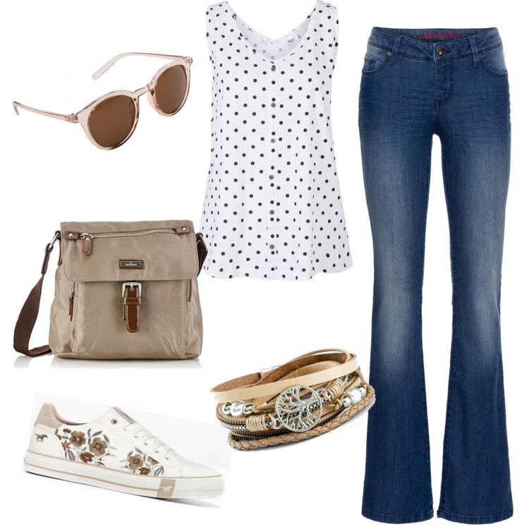 Outfit donna - Semplicemente jeans. Stile Basic per Tutti i giorni. Abbinamento con jeans bootcut, braccialetti, occhiali da sole, top, sneakers, borse a tracolla.
