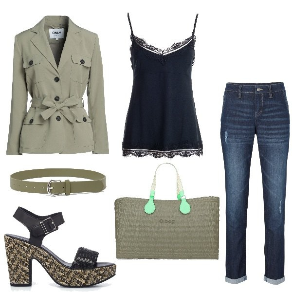 Outfit donna - Basic di carattere. Stile Basic per Tutti i giorni. Abbinamento con jeans boyfriend, blazer, borse a mano, culotte, cinture, sandali col tacco.