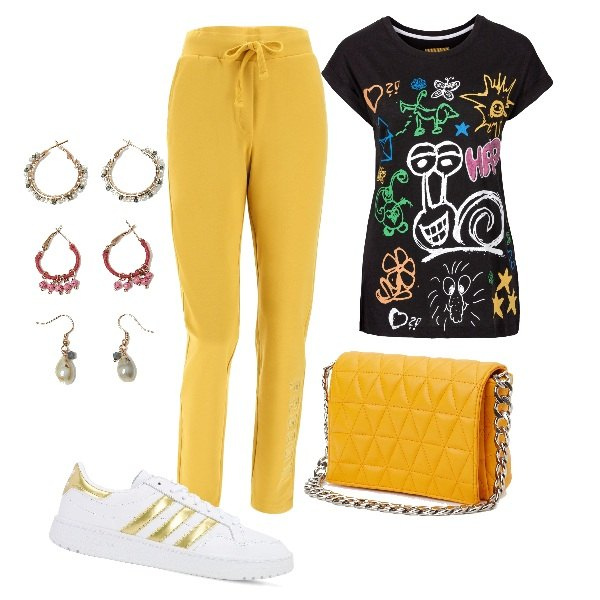 Outfit donna - Giallo basic. Stile Basic per Tutti i giorni. Abbinamento con t-shirt, borse a spalla, orecchini, pantaloni, sneakers.