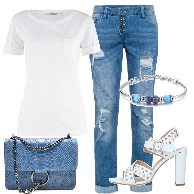 Outfit donna - Serata basic con stile. Stile Basic per Serata fuori. Abbinamento con jeans boyfriend, t-shirt, sandali col tacco, borse a spalla, braccialetti.