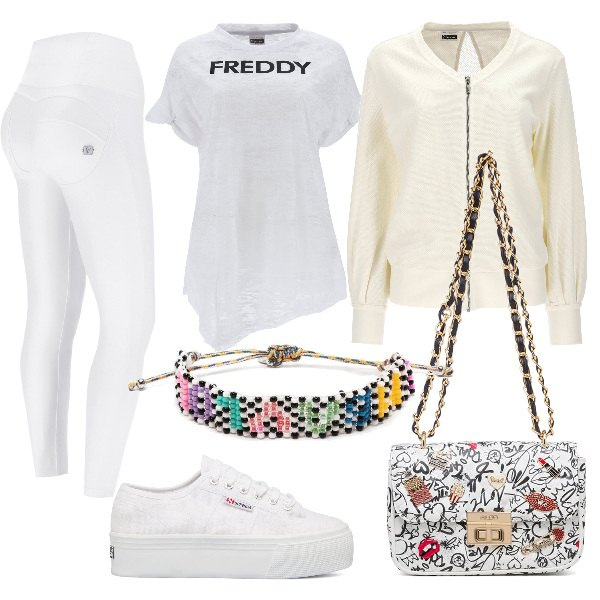 Outfit donna - Total look #1336229. Stile Urban per Tutti i giorni. Abbinamento con braccialetti, pantaloni skinny, t-shirt, felpe, borse a tracolla, sneakers.