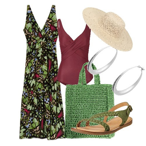 Outfit donna - Le foglie in lungo. Stile Chic per Mare. Abbinamento con costumi interi, borse a mano, cappelli, orecchini, vestiti lunghi, sandali.