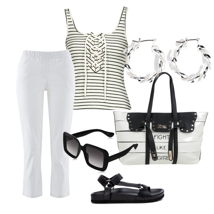 Outfit donna - Pantaloni capri. Stile Casual per Tutti i giorni. Abbinamento con pantaloni, orecchini, borse a mano, sandali in pelle, camicie, occhiali da sole.