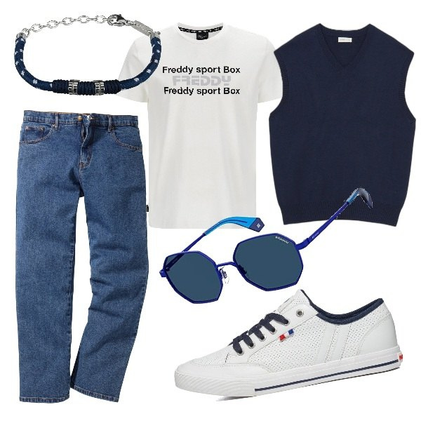 Outfit uomo - Gilet e t-shirt. Stile Casual per Tutti i giorni. Abbinamento con jeans dritti, braccialetti, gilet, t-shirt, sneakers, occhiali da sole.
