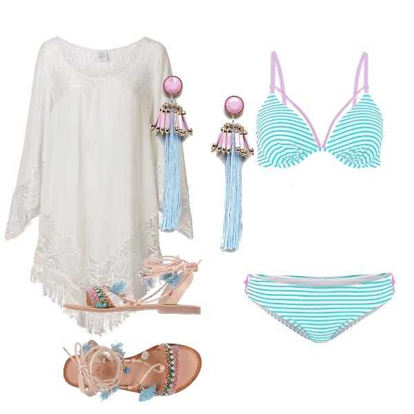 Outfit donna - Basic #11449. Stile Basic per Mare. Abbinamento con vestiti da spiaggia, bikini con ferretto, sandali con strass senza tacco con punta tonda e nappine, orecchini pendenti farfalla con perline in denim con nappine oro.
