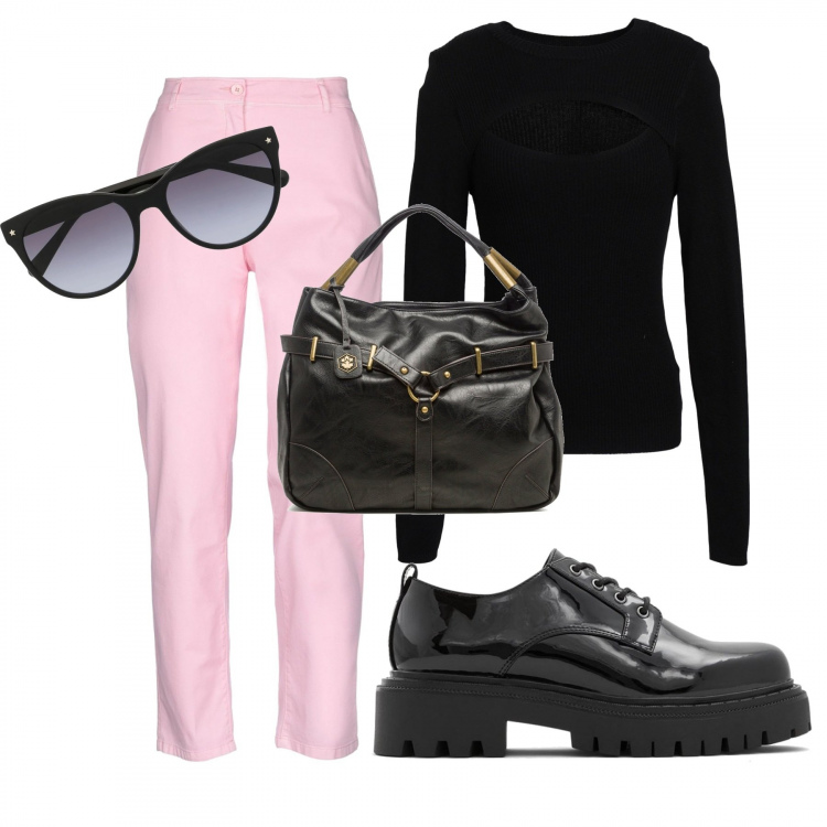 Outfit donna - Basic #4670. Stile Basic per Tutti i giorni. Abbinamento con pullovers, pantaloni, occhiali da sole, borse a spalla, scarpe stringate.