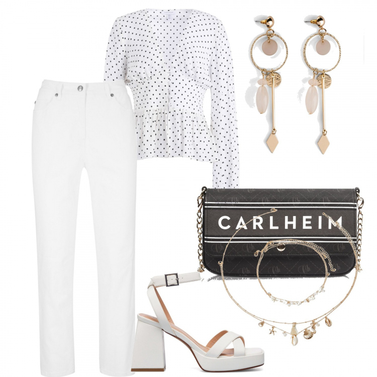 Outfit donna - In città. Stile Casual chic per Tutti i giorni. Abbinamento con orecchini, pantaloni, bluse, borse a spalla, collane, sandali in pelle.