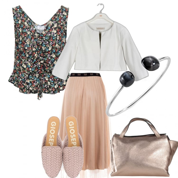 Outfit donna - Un tocco di bianco. Stile Casual chic per Serata fuori. Abbinamento con borse messenger, braccialetti, top, gonne lunghe, blazer, ballerine.