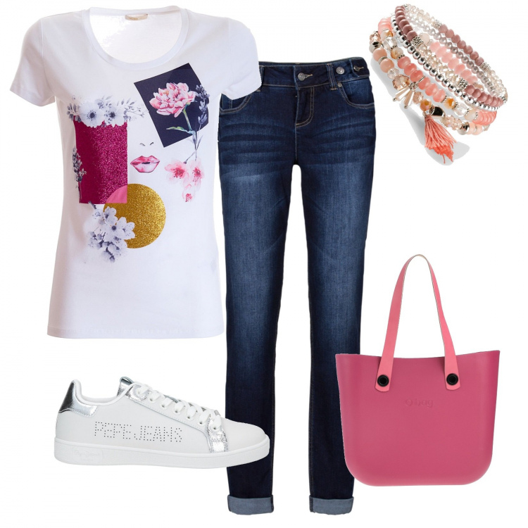 Outfit donna - Basic #4679. Stile Basic per Tutti i giorni. Abbinamento con jeans boyfriend, braccialetti, borse a mano, sneakers, t-shirt.