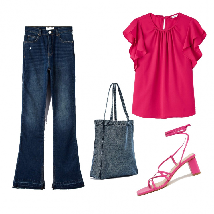 Outfit donna - Intramontabile denim. Stile Basic per Tutti i giorni. Abbinamento con camicie, jeans a zampa, shopping bag, sandali alla schiava.