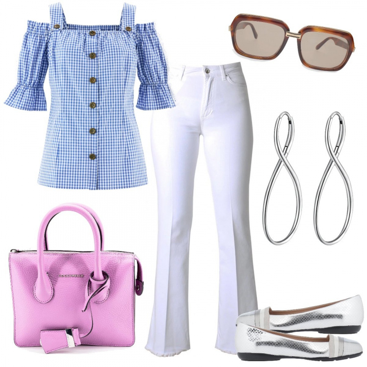 Outfit donna - Vestire basic con carattere. Stile Basic per Tutti i giorni. Abbinamento con camicie a manica corta, ballerine, occhiali da sole, borse a mano, orecchini, pantaloni.