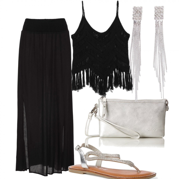Outfit donna - Serata. Stile Casual chic per Serata fuori. Abbinamento con gonne lunghe, orecchini, top, borse a tracolla, sandali col tacco.