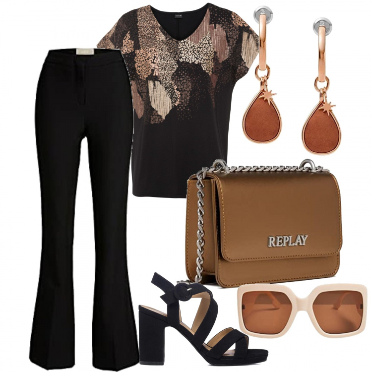 Outfit donna - In ufficio. Stile Casual chic per Ufficio. Abbinamento con maglieria, sandali col tacco, pantaloni chino, borse a spalla, occhiali da sole, orecchini.