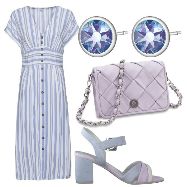 Outfit donna - Malva e pervinca. Stile Casual chic per Tutti i giorni. Abbinamento con vestiti, orecchini, sandali col tacco, borse a spalla.