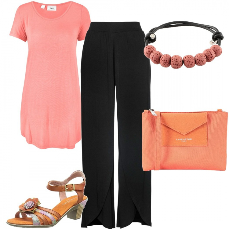 Outfit donna - Casual chic #10410. Stile Casual chic per Tutti i giorni. Abbinamento con maglieria, pantaloni, braccialetti, borse a tracolla, sandali col tacco.