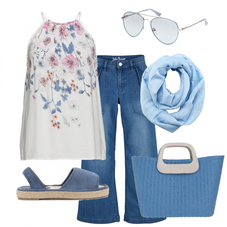 Outfit donna - Boho? Boh!. Stile Boho per Mare. Abbinamento con top, jeans, borse a mano, occhiali da sole, sandali, sciarpe.