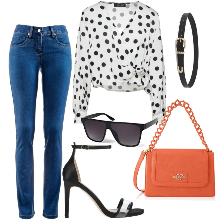 Outfit donna - Tacchi alti e jeans. Stile Basic per Tutti i giorni. Abbinamento con jeans dritti, bluse, sandali col tacco, cinture, borse a spalla, occhiali da sole.