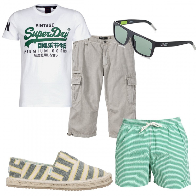 Outfit uomo - La moda importante è trendy!. Stile Trendy per Mare. Abbinamento con bermuda, costumi, espadrillas, t-shirt, occhiali da sole.