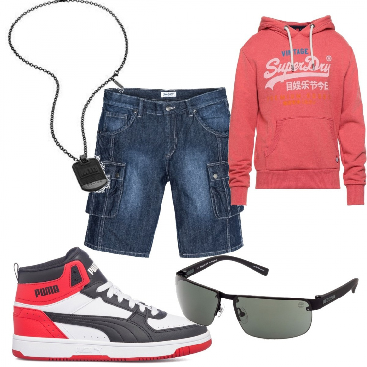 Outfit uomo - La moda importante è urban. Stile Urban per Tutti i giorni. Abbinamento con bermuda, felpe con cappuccio, occhiali da sole, sneakers alte, collane.