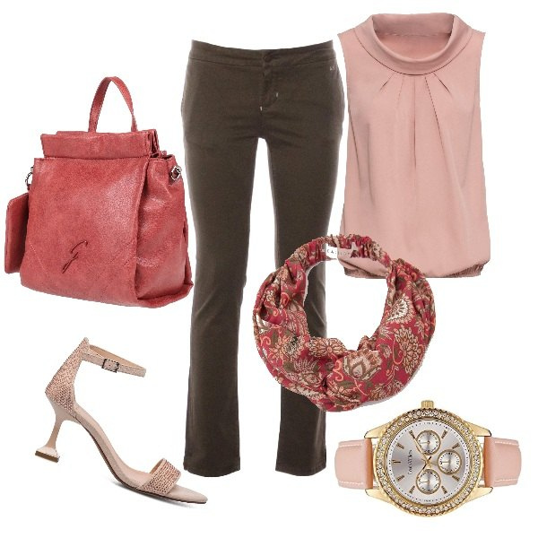 Outfit donna - Colori tenui in estate. Stile Bon Ton per Ufficio. Abbinamento con zaini, top, pantaloni, fasce per capelli, sandali gioiello, orologi analogici.
