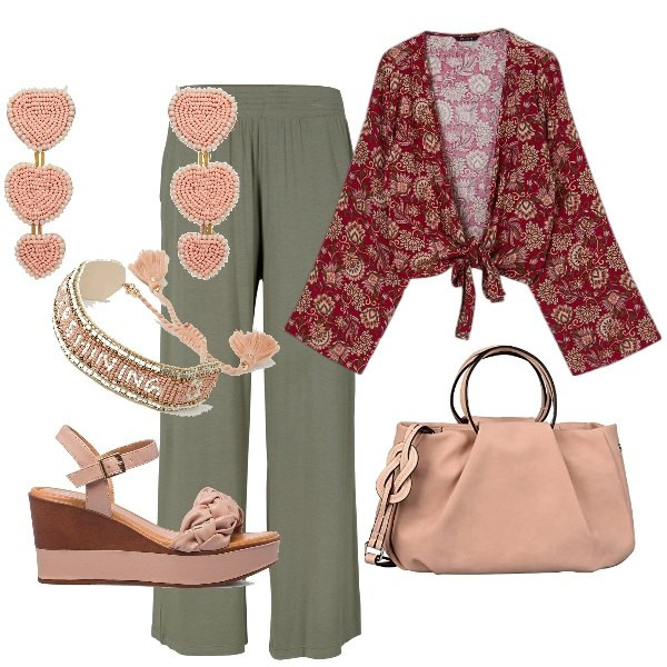 Outfit donna - La camicia incrociata etnica. Stile Etnico per Serata fuori. Abbinamento con pantaloni, orecchini, camicie, braccialetti, sandali in pelle, shopping bag.