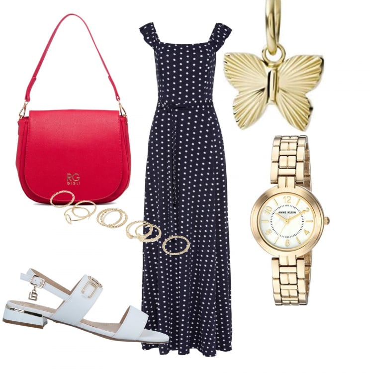 Outfit donna - Domenica al centro commerciale. per Tutti i giorni. Abbinamento con sandali col tacco, vestiti lunghi, anelli, borse a tracolla, orologi analogici, ciondoli.