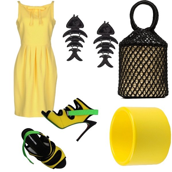 Outfit donna - Sushi. Stile Trendy per Serata fuori. Abbinamento con sandali fantasia con zip e punta tonda, bracciale in ottone, vestito con fiocco effetto acetato scollatura quadrata senza maniche con zip interno foderato crêpe, orecchini taglia unica nero, borsa a tracolla secchiello taglia unica nero.