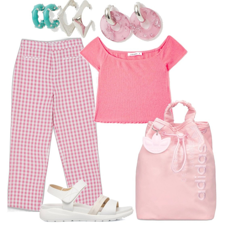 Outfit donna - L\'estate si tinge di rosa. Stile Romantica per Tutti i giorni. Abbinamento con t-shirt, pantaloni, orecchini, sandali in pelle, zaini.