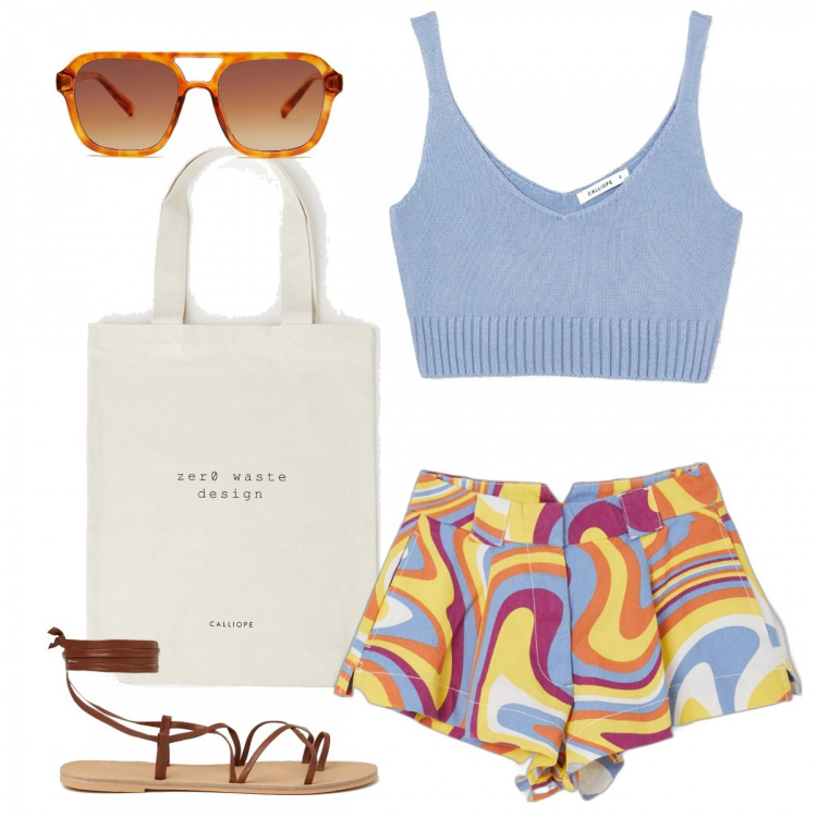 Outfit donna - Passeggiata in riva al mare. Stile Casual per Mare. Abbinamento con shorts, shopping bag, sandali alla schiava, top, occhiali da sole.